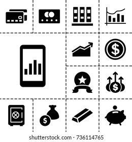 Finance icon. set of 13 filled finance icons such as credit card, safe, gold, chart, piggy bank, money bag, medal, dollar coin, money up, binder
