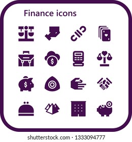 finance icon set. 16 filled finance icons.  Collection Of - Balance, Payment method, 3d, Cards, Briefcase, Funds, Cash register, Piggy bank, Chalk, Hand, Handshake, Purse, Pyramid