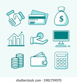 finance icon set with 2 color green and dark green such as calculator, debit card, money pocket, wallet, computer, coin, relevant for work with jobs accounting