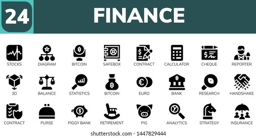 finance icon set. 24 filled finance icons.  Collection Of - Stocks, Diagram, Bitcoin, Safebox, Contract, Calculator, Cheque, Reporter, 3d, Balance, Statistics, Euro, Bank, Research
