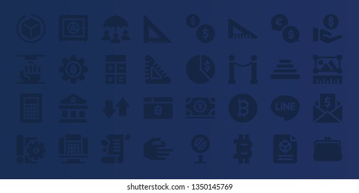 finance icon set. 32 filled finance icons. on blue background style Collection Of - 3d, Calculator, Sketch, Safe box, Bitcoin, Courthouse, Insurance, Transfer, Agreement, Set square