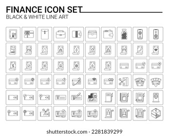Icono de Finanzas, conjunto de 60 Iconos Línea Art Negro-Blanco, Dinero Pago Inversión Comercial Marketing Bienes Bancarios Aislados en Fondo Blanco