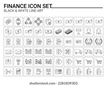 Icono de Finanzas, set 60 Icons Line Art Black-White, Organización Plan Programar Cooperación Inversión Comercialización Comercial Compras de Bienes Bancarios Aislados en Fondo Blanco