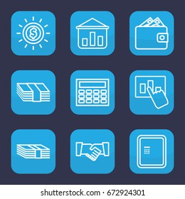 Finance icon. set of 9 outline finance icons such as atm, handshake, money, wallet, graph on board, dollar in sun, calclator