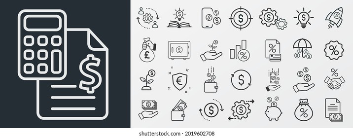 Symbol für Finanzen gesetzt. Mit Banken, Banken, Unternehmen, Bargeld, Provisionen, Münzen, Währung, Dollar, Tausch, Finanzen Symbole
