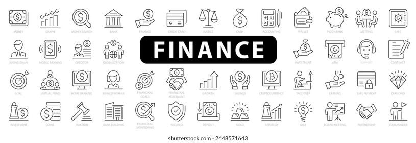 Finance icon set. Business icons. loan, cash, saving, financial goal, profit, budget, mutual fund, check, law, auction, earning money, revenue icons, Vector illustration.