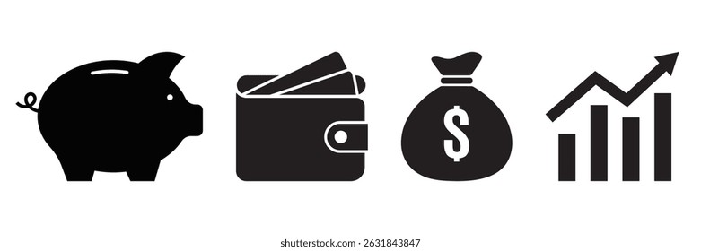 Finance icon set, Business icons. Wallet. Growth chart. Piggy bank. Money bag flat style silhouette, Vector Illustration