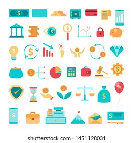 Finance icon set. Calculator and contract, payment and deposit box. Idea of financial operation. Collection of colorful icons. Isolated flat vector illustration