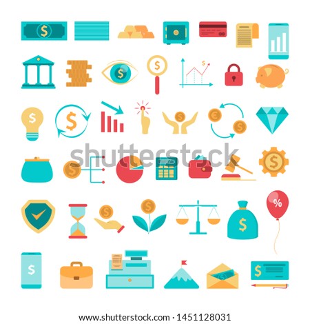 Finance icon set. Calculator and contract, payment and deposit box. Idea of financial operation. Collection of colorful icons. Isolated flat vector illustration