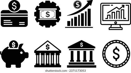 Juego de iconos de finanzas, efectivo, ahorro, beneficio, presupuesto, fondo mutuo, vector aislado