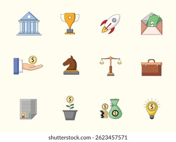 Finanz-Icon-Set, Bargeld, Sparen, Finanzziel, Geld verdienen und Umsatz-Icons. Kollektion von durchgezogenen Symbolen
