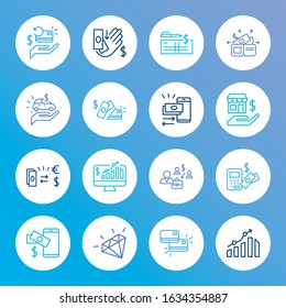 Finance icon set and cashback card with cash from card, mortgage loan and stock market. Exchange money related finance icon vector for web UI logo design.