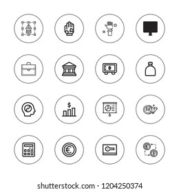 Finance icon set. collection of 16 outline finance icons with balance, bank, card, briefcase, coin, chart, calculator, exchange, graph, hand, euro, pie chart, sack icons.