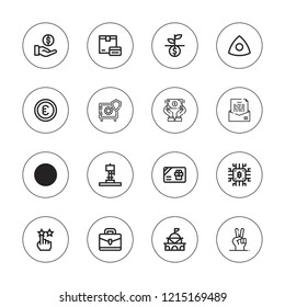 Finance icon set. collection of 16 outline finance icons with atm, bitcoin, chalk, briefcase, bill, earthquake machine, dollar, gift card, hands, government, growth icons.