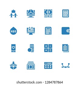 finance icon set. Collection of 16 filled finance icons included Vector, Rate, Income, Packing, Contract, Calculator, Coin stack, Medical app, Wallet, Web design, H o, Money, Research