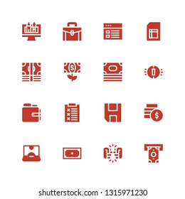 finance icon set. Collection of 16 filled finance icons included Withdraw, Greeting, Money, Influencer, Save, Report, Wallet, Coin, Sheet, Analytics, Briefcase, Web design