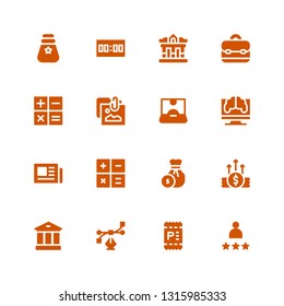 finance icon set. Collection of 16 filled finance icons included Rating, Invoice, Vector, Bank, Money, Coin, Calculator, News, Research, Influencer, Portfolio, Calculation, Briefcase