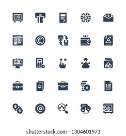 finance icon set. Collection of 25 filled finance icons included Safe box, Rate, Analytics, At, Exchange, Invoice, Coins, Portfolio, Cards, Briefcase, Savings, Vector, Calculator