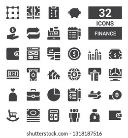 finance icon set. Collection of 32 filled finance icons included Wallet, Money, Cooperation, Calculator, Retirement, Bitcoin, Hands, Contract, Pie chart, Briefcase, Sack, Research