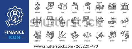 finance icon set collection in outline style. an icon pack contain money, cash, bank, coin, budget, income, expense, savings, invest, stock