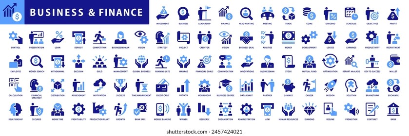 FinanzsymbolSet. Mit Konzepten wie Gewinn-, Verlust-, Aktien-, Steuer-, Börsen-, Budget-, Fonds-, Gewinn-, Geld- und Einnahmensymbole. Blaue Umrisssymbole Kollektion