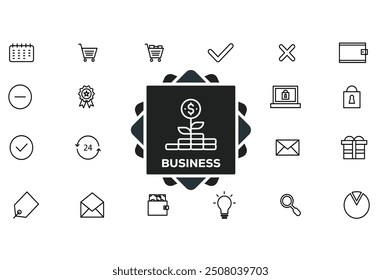 Conjunto de iconos de finanzas. Con conceptos como Ganancias, Pérdidas, Acciones, Impuestos, Bolsa, Presupuesto, Fondos, Ganancias, Dinero e Ingresos. Iconos de contorno de color azul Colección