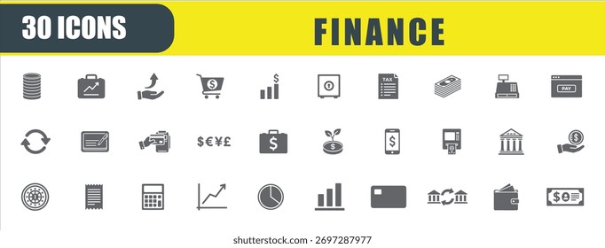Finance icon set. Containing bank, currency, briefcase, coins, chart, credit card, and exchange icons. Solid icon collection. Vector illustration.