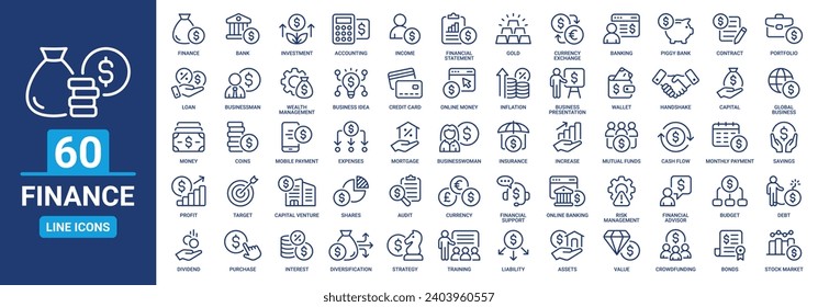 Finance icon set. Containing banking, Investment, income, accounting, money, loan, audit, financial and more. Vector outline icons collection.