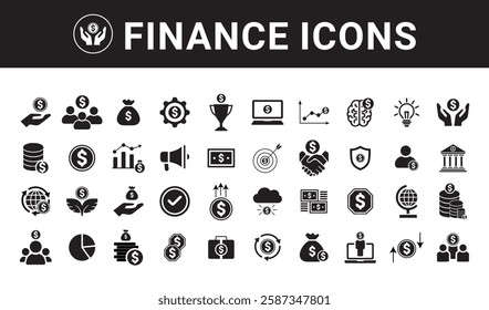 Finance icon set. Containing budget, savings, expense, income, tax, loan, statement, financial management, mortgage and more. Solid vector icons collection.