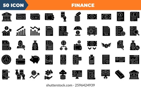 Finance icon set. Containing budget, savings, expense,and more. Solid vector icons collection.