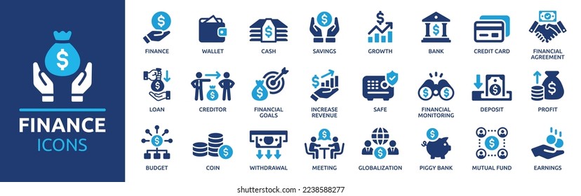 Finance icon set. Containing loan, cash, saving, financial goal, profit, budget, mutual fund, earning money and revenue icons. Solid icons collection. - Shutterstock ID 2238588277