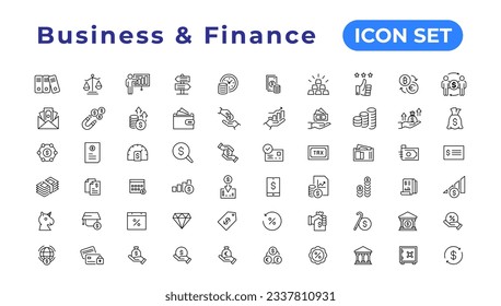 Symbol für Finanzen gesetzt. Mit Darlehen, Bargeld, Ersparnis, Finanzziel, Gewinn, Haushalt, Fonds auf Gegenseitigkeit, Einnahmen und Einnahmen Symbole