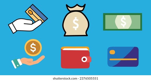 Juego de iconos de finanzas. Conteniendo préstamo, efectivo, ahorro, presupuesto, fondos mutuos, dinero de ganancia e íconos de ingresos, tarjeta. 