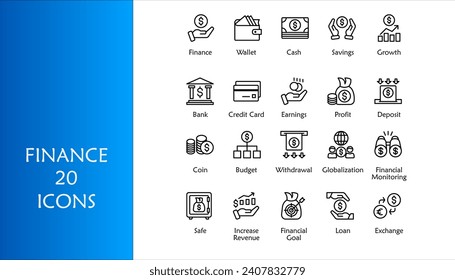 Finance icon set. Containing loan, cash, saving, financial goal, profit, budget, mutual fund, earning money and revenue icons. Outline icons collection