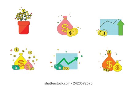 Symbol für Finanzen gesetzt. Mit Darlehen, Bargeld, Ersparnis, Finanzziel, Gewinn, Haushalt, Fonds auf Gegenseitigkeit, Geld verdienen und Einnahmen Symbole. Kollektion von festen Symbolen.