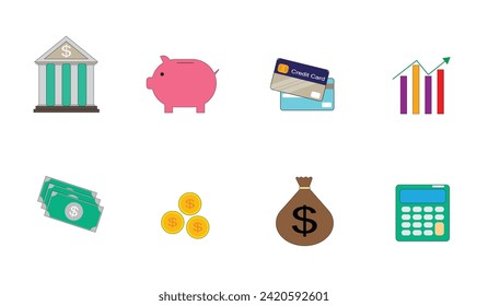 Finance icon set. Containing loan, cash, saving, financial goal, profit, budget, mutual fund.