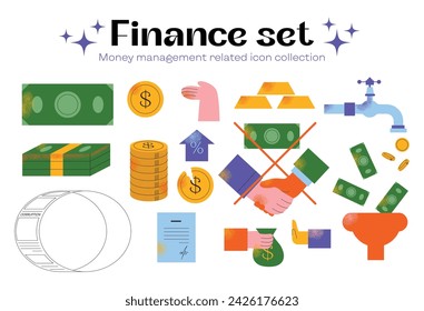 Conjunto de iconos de finanzas. Conteniendo préstamo, efectivo, ahorro, meta financiera, ganancia, impuesto, presupuesto, fondo mutuo, recaudación de corrupción. Ilustración moderna del vector aislada sobre fondo blanco