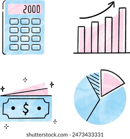 Finance icon set. Containing loan, cash, saving, financial goal, profit, budget, mutual fund, earning money and revenue icons. Watercolor Vector illustration
