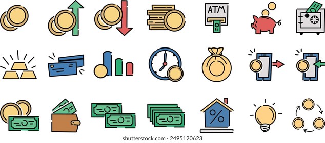 Finance icon set. Containing loan, cash, saving, financial goal, profit, budget, mutual fund, earning money and revenue icons. Solid icons collection.