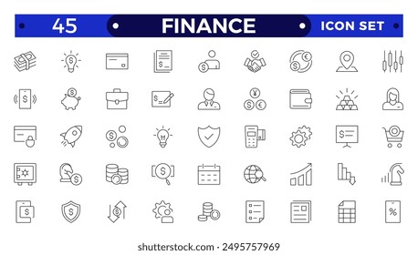 Finance icon set. Containing loan, cash, saving, financial goal, profit, budget, mutual fund, earning money and revenue icons. Outline icon collection.
