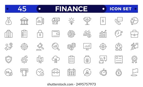 Finance icon set. Containing loan, cash, saving, financial goal, profit, budget, mutual fund, earning money and revenue icons. Outline icon collection.
