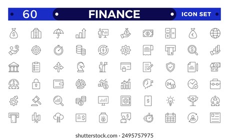 Finance icon set. Containing loan, cash, saving, financial goal, profit, budget, mutual fund, earning money and revenue icons. Outline icon collection.
