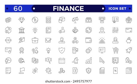 Conjunto de iconos de finanzas. Contiene iconos de préstamos, efectivo, ahorro, objetivo financiero, beneficios, presupuesto, fondos mutuos, ganancias e ingresos. Colección de iconos de esquema.
