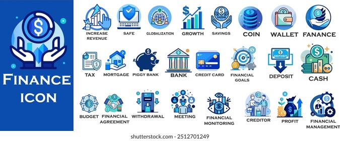 Conjunto de ícones Finanças. Contendo ícones de empréstimo, dinheiro, poupança, objetivo financeiro, lucro, orçamento, fundo mútuo, ganho de dinheiro e receita. Coleção de ícones sólidos.