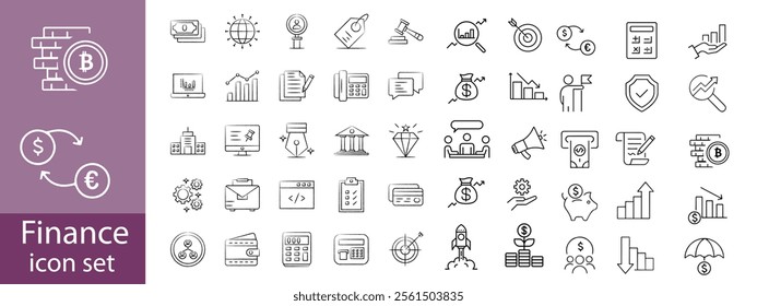 Finance icon set. Containing loan, cash, saving, financial goal, profit, budget, mutual fund, earning money and revenue icons. Outline icon collection.