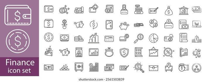 Finance icon set. Containing loan, cash, saving, financial goal, profit, budget, mutual fund, earning money and revenue icons. Outline icon collection.