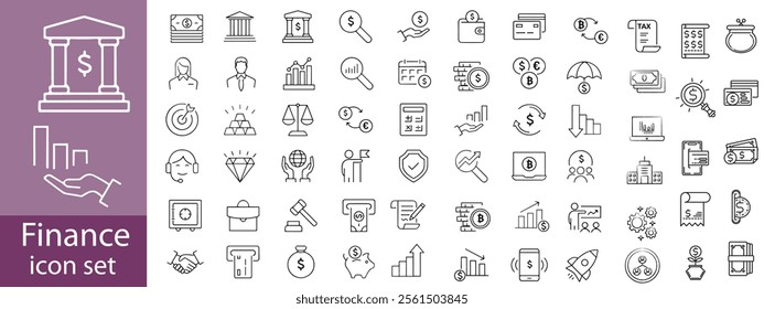 Finance icon set. Containing loan, cash, saving, financial goal, profit, budget, mutual fund, earning money and revenue icons. Outline icon collection.