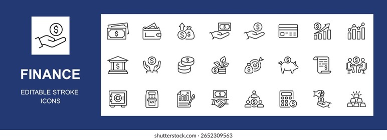 Conjunto de iconos de finanzas. Contiene préstamos, efectivo, ahorro, objetivo financiero, ganancias, presupuesto, fondo mutuo, ganar dinero e iconos de ingresos. Colección de iconos sólidos. Trazo editable. Ilustración vectorial.	