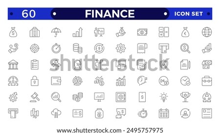 Finance icon set. Containing loan, cash, saving, financial goal, profit, budget, mutual fund, earning money and revenue icons. Outline icon collection.
