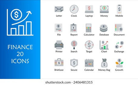 Juego de iconos de finanzas. Conteniendo íconos de Bolsa de Dinero, crecimiento, objetivo, gráfico, dinero e intercambio. Colección de iconos de color